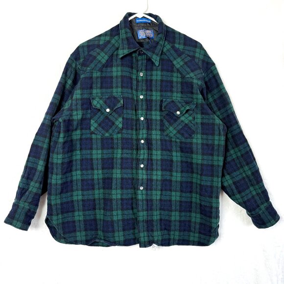 Pendleton High Grade Western Wear Shirt Mens 1X Green Plaid Wool Pearl Snap